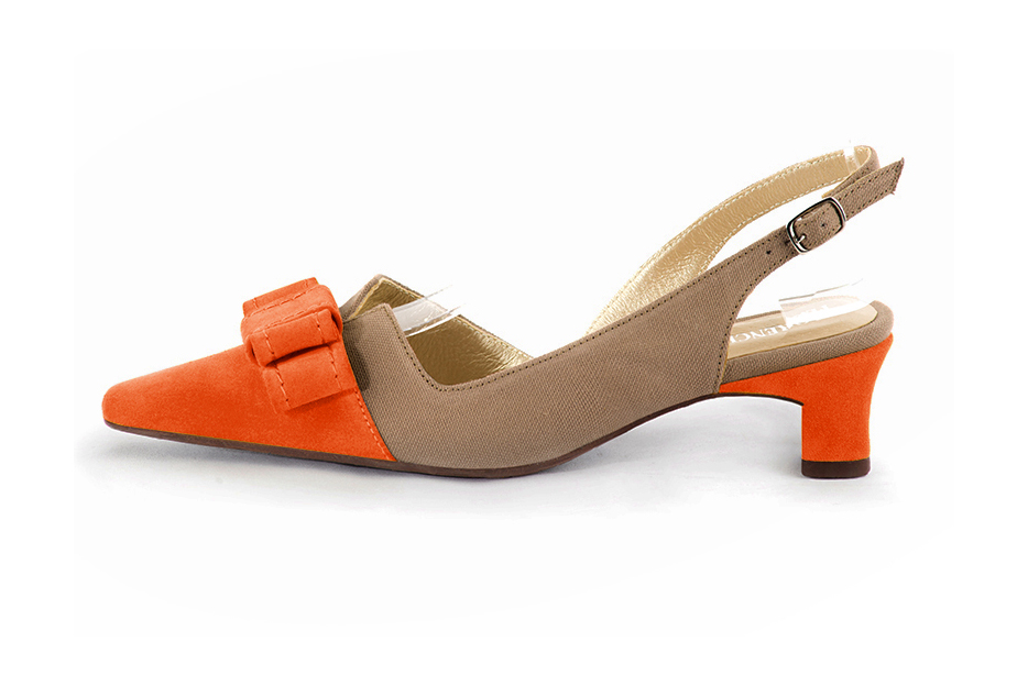 French elegance and refinement for these clementine orange and tan beige dress slingback shoes, with a knot, 
                available in many subtle leather and colour combinations. The pretty French spirit of this beautiful pump will accompany your steps nicely and comfortably.
To be personalized or not, with your materials and colors.  
                Matching clutches for parties, ceremonies and weddings.   
                You can customize these shoes to perfectly match your tastes or needs, and have a unique model.  
                Choice of leathers, colours, knots and heels. 
                Wide range of materials and shades carefully chosen.  
                Rich collection of flat, low, mid and high heels.  
                Small and large shoe sizes - Florence KOOIJMAN
